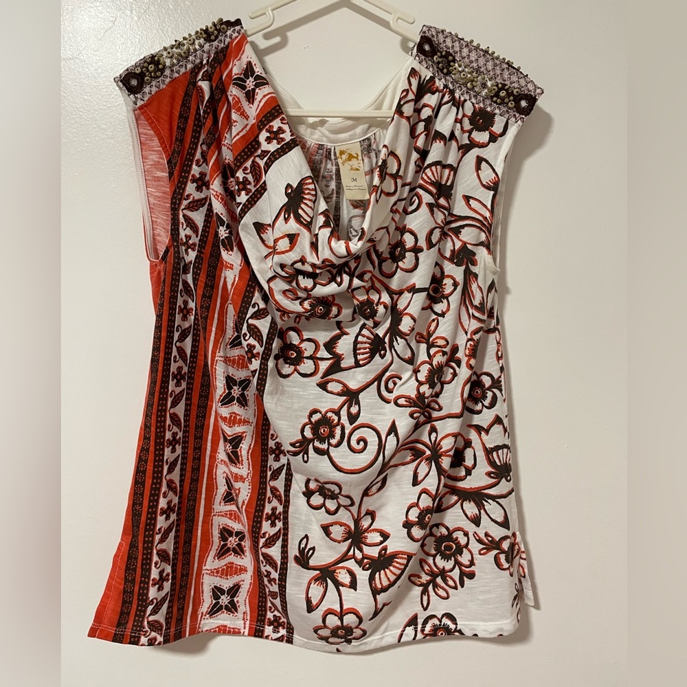 Rusty Orange Stripe and Floral Beaded Cowl Neck Top Sz M